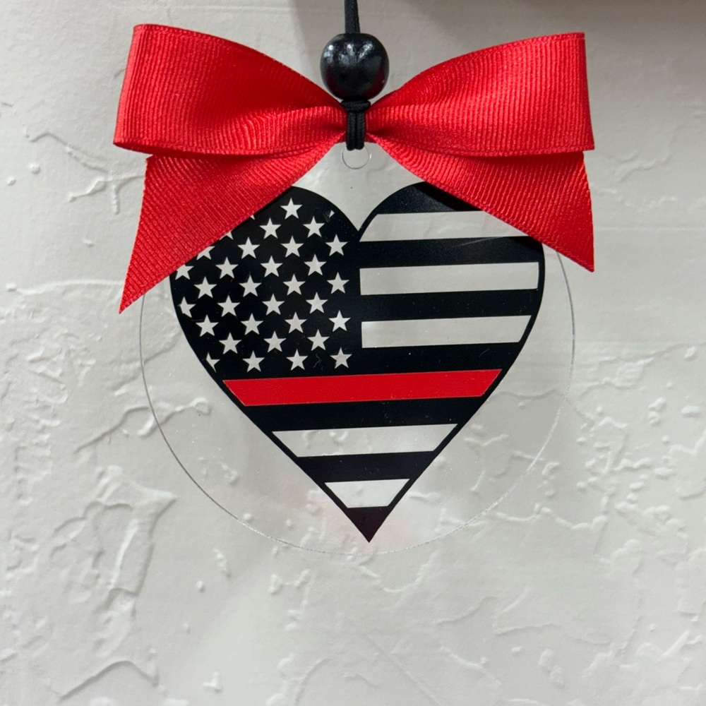 Support Firefighters Car Charm, Ornament, Heart Design American Flag w/ Red Line